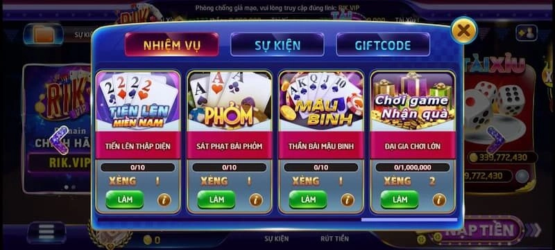 Nhận nhiệm vụ hàng ngày Rikvip 