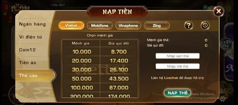 Thủ tục nạp tiền qua thẻ cào 