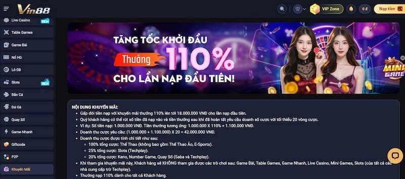 Vin88 thưởng lần nạp đầu tiên lên đến 110%